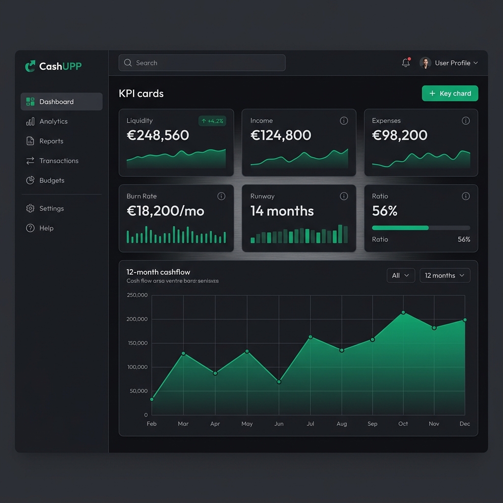 CashUPP Dashboard mit KPI-Karten und Cashflow-Chart